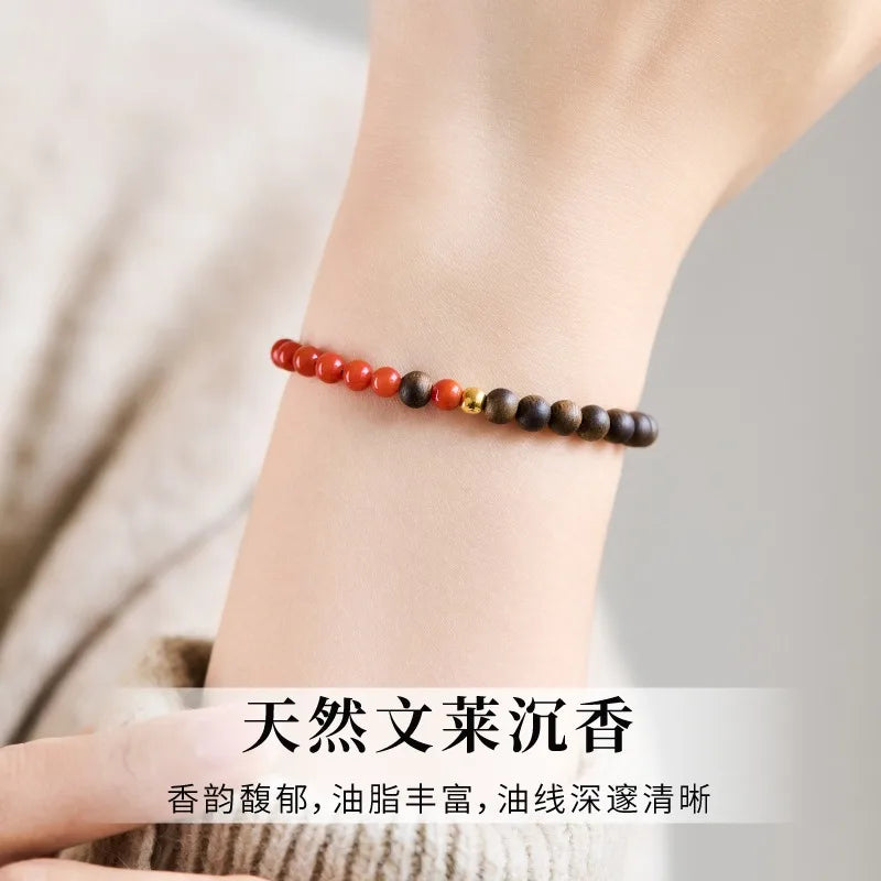 Nanhong Red Agate Agarwood Bracelet Natural Aloeswood Beaded Bangle for Women Lucky Charm Gifts