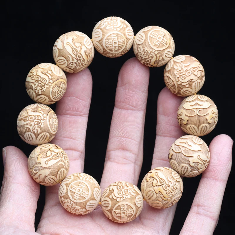 Natural Multicolor Wooden Bracelet Men's 20mm Elastic Bracelet Wooden Bead Lucky Sculpture Mythical Animal