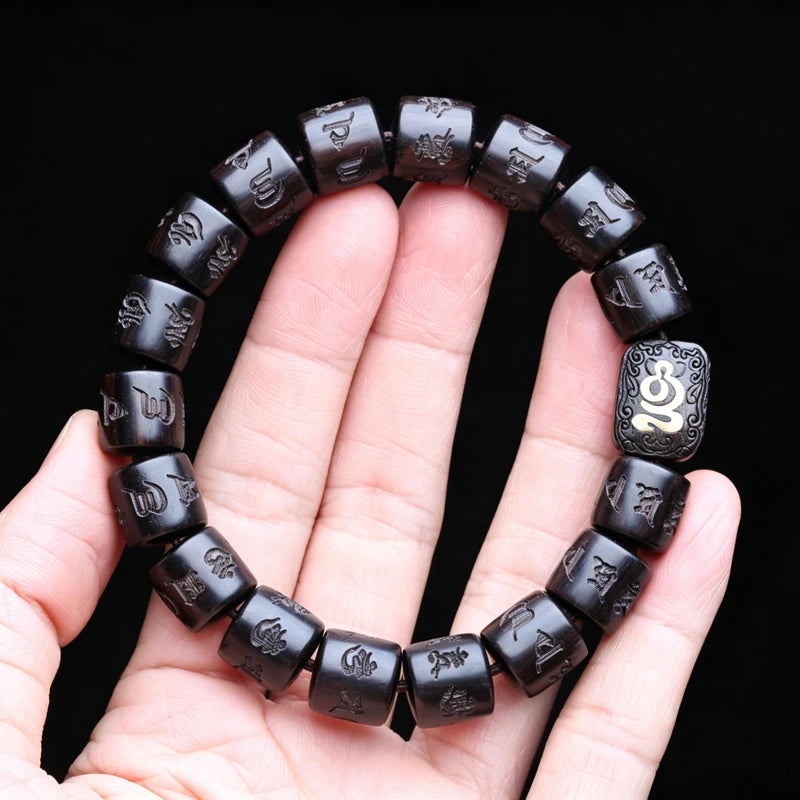 Natural Ebony Tibetan Six-Character Mantra Tibetan Buddhist Prayer Wheel Bracelet 12mmx12mm Universal