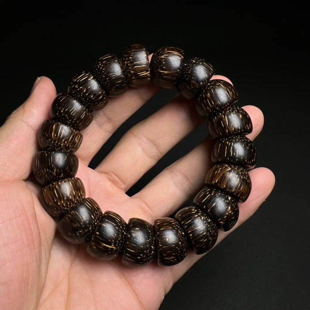 Natural Aged Agarwood Bracelet from Khanh Hoa, Unisex Buddhist Prayer Beads with Dragon Pattern in Gift Box Set