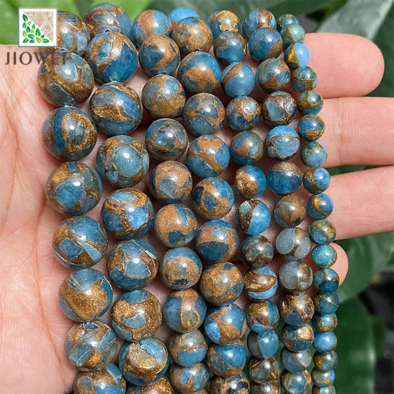 Natural Stone Golden Stripe Lake Blue Cloisonne Round Beads for Jewelry Making Diy Handmade Bracelet 15" Strand 4/6/8/10/12MM
