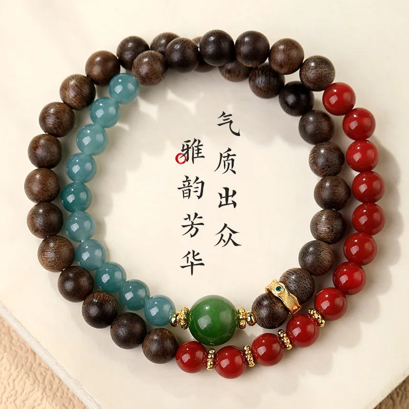 90% Natural Agarwood Bracelet with Blue Water Jadeite, Nanhong Agate, Jasper Fortune Beads & Crown Design - Women's Gift