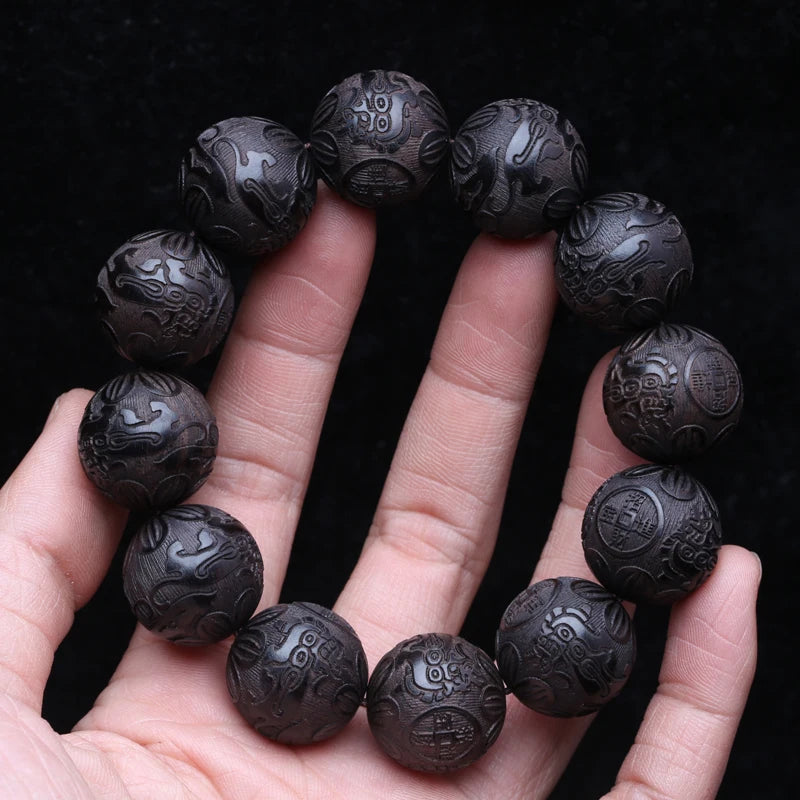 Natural Multicolor Wooden Bracelet Men's 20mm Elastic Bracelet Wooden Bead Lucky Sculpture Mythical Animal