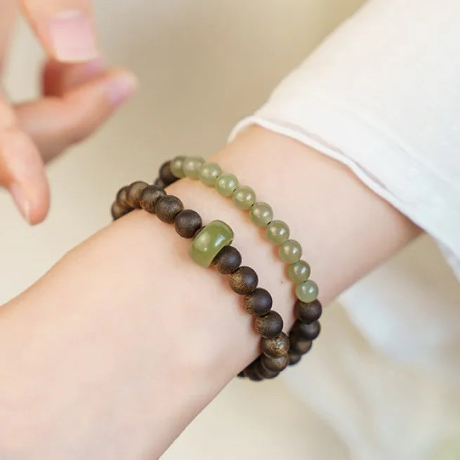 New Chinese Style Double Loop Natural Hetian Jade Beaded Agarwood Bracelet with Running Ring for Men and Women Gifts