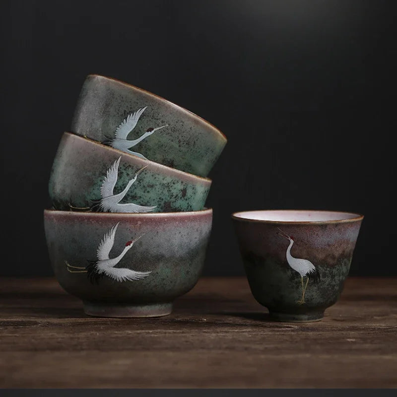 Handmade Crane Teacup Rustic Pottery Kiln Transformation Ceramic Tea Cup Gongfu Tea Set Chinese Style