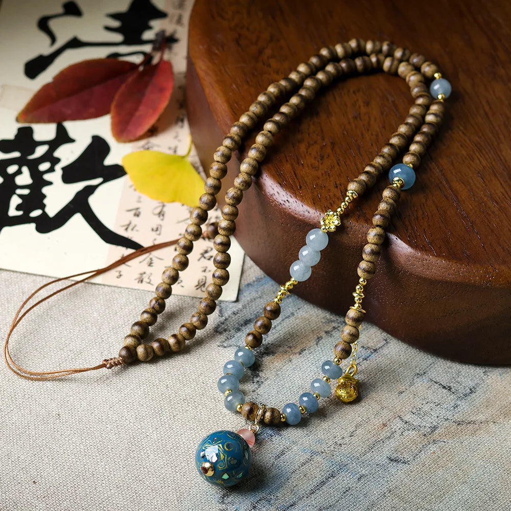 New Chinese Style First Grade Butter Agarwood Necklace with Lacquer Beads Sweater Chain Jewelry Gifts