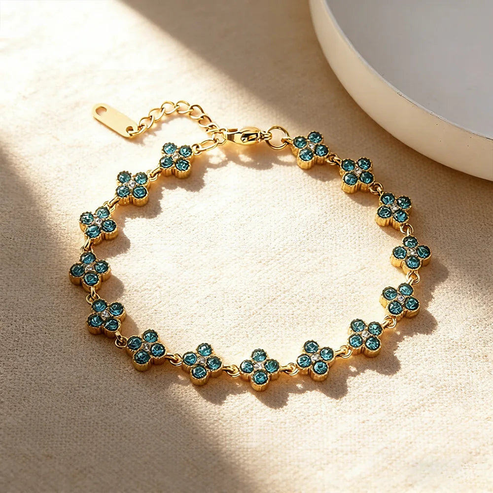 Stainless Steel Colorful Cubic Zirconia Flower Cover Bracelet Adjustable Four-Leaf Clover CZ Stone Flowers Jewelry for Women