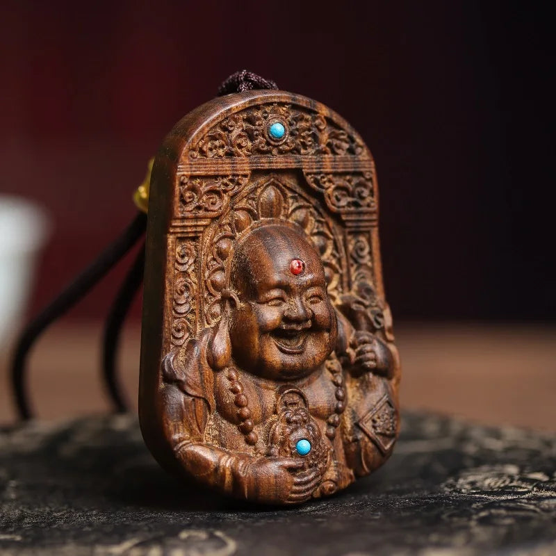 Natural Agarwood Maitreya Buddha Pendant Necklace