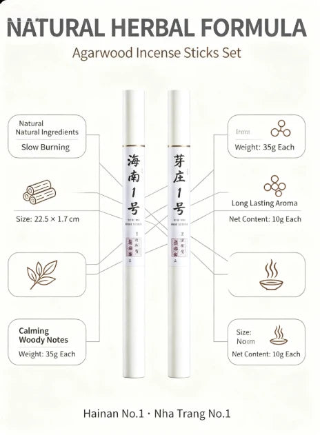 Hot Agarwood Incense Set, Hainan No1 & Nha Trang No.1, Natural Handmade Sticks for Meditation, Home Aromatherapy & Stress Relief