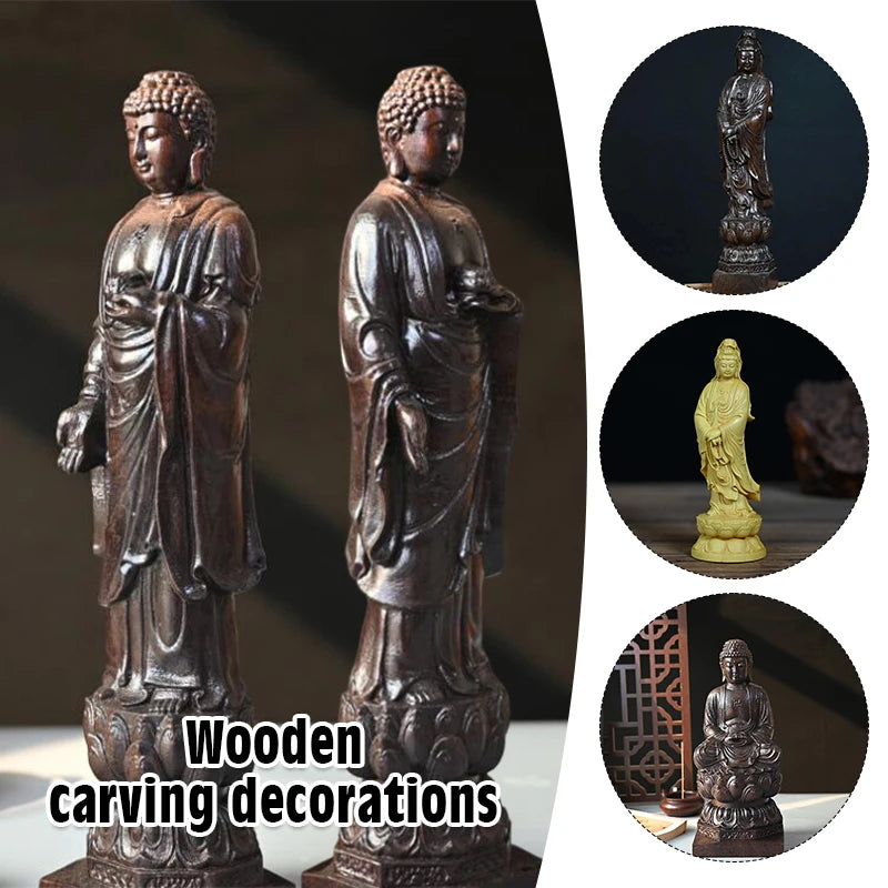 Wood Carving Figurine Of Avalokitesvara Small Buddhist Buddha Statue Aesthetic Temple Worship Crafts Living Room Decor Ornaments