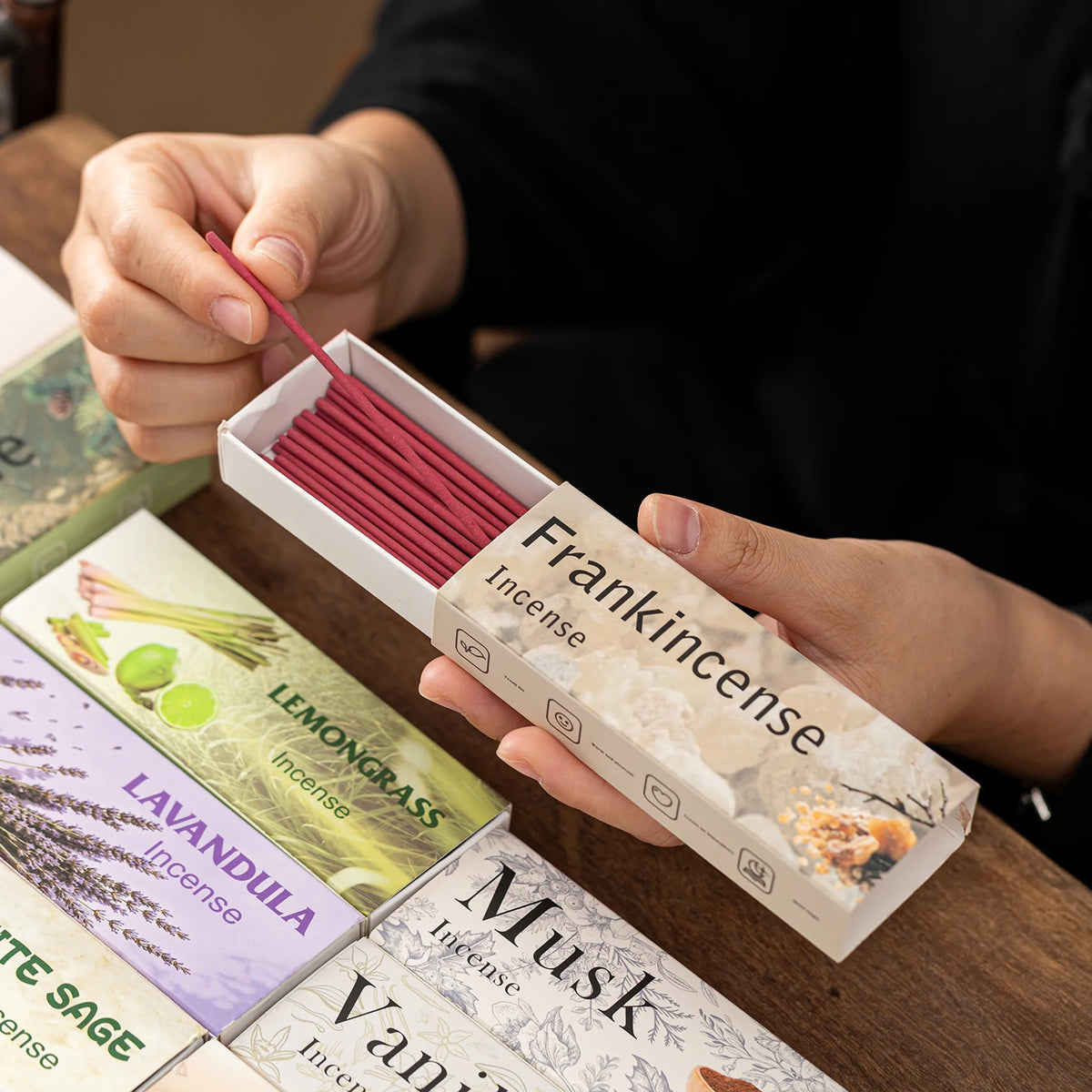 1 Box Contains 35 Incense Sticks, 9 Different Scents: Frankincense, Lavender, Lemongrass, White Musk, Sage, Pine Cone, Vanilla, Sacred Wood, Thick Incense Sticks, Suitable as a Long-Lasting Fragrance Gift for the Home