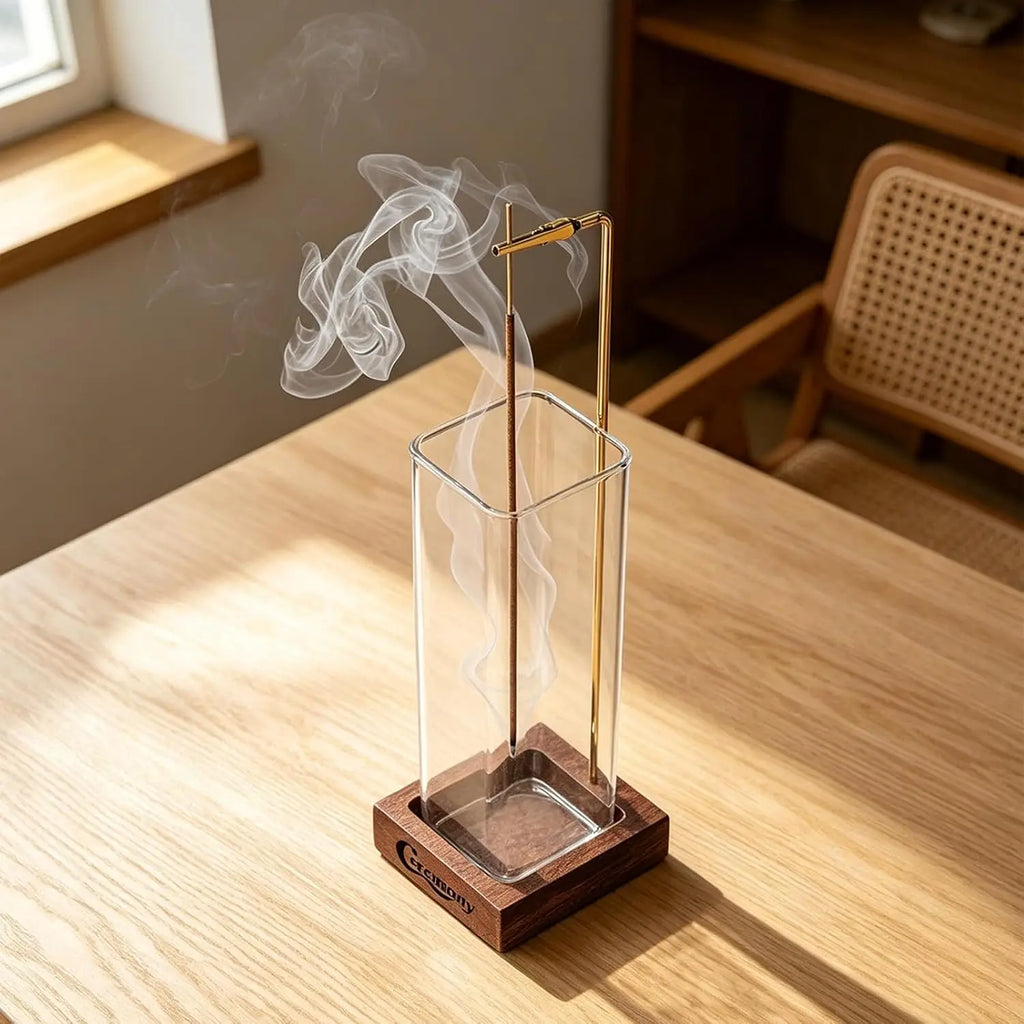 Wooden Ceremony Incense Holder with Glass Ash Catcher, 20 Incense Sticks & Ash Brush