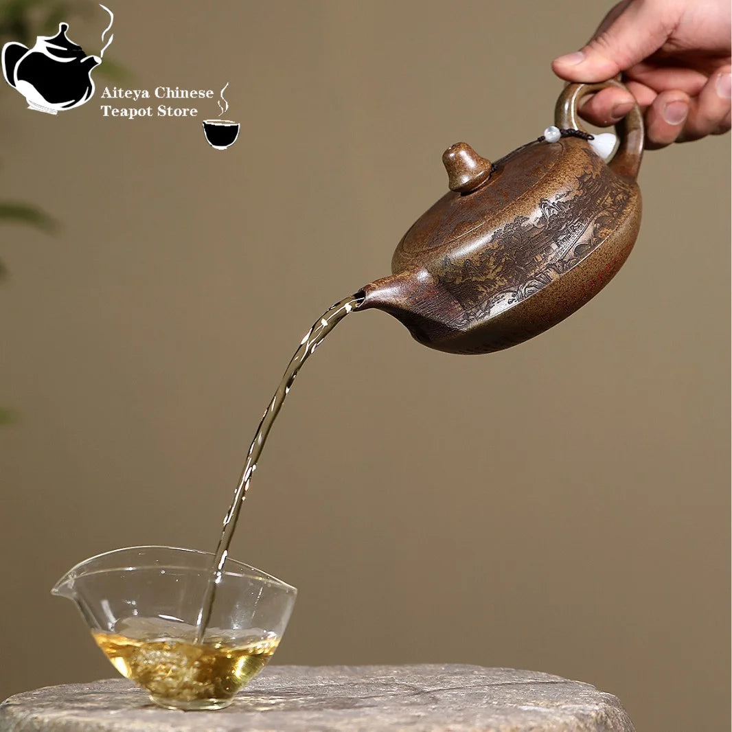 Yixing Yixing purple clay teapot, high-temperature wood fired agarwood mud landscape music teapot Chinese teapot Kung Fu tea set