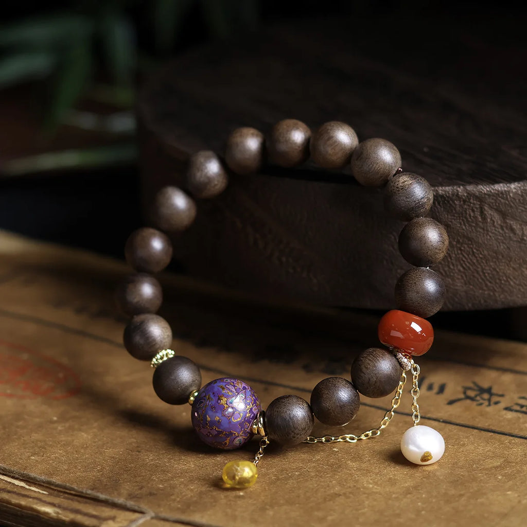 White Kyara Agarwood Mala Bracelet Lacquer Craft Nanhong Agate Amber Pearl New Chinese Style Wenwan Prayer Beads For Women