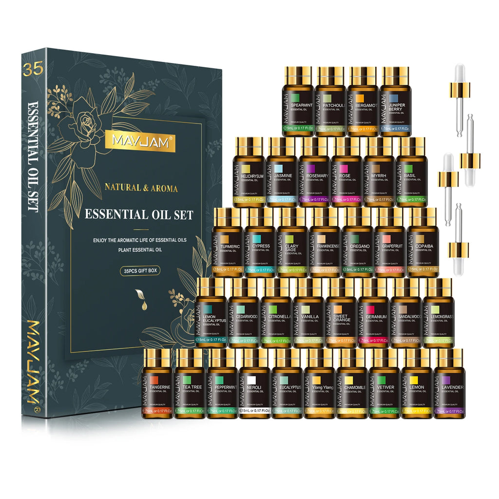 MAYJAM 35 Bottles Essential Oils Kit Gift Box ,Lavender Jasmine Vanilla Lemon Eucalyptus Sandalwood Frankincense SweetOrange Ylang Rose Bergamot Tea Tree Lemongrass Patchouli Rosemary Geranium Citronella Aromatherapy Oil for Humidifier Diffuser DIY Candle