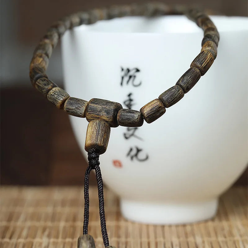 Vietnam Nha Trang Yingge Green Qi Nan Sinking Agarwood Free Form Prayer Beads Bracelet Necklace