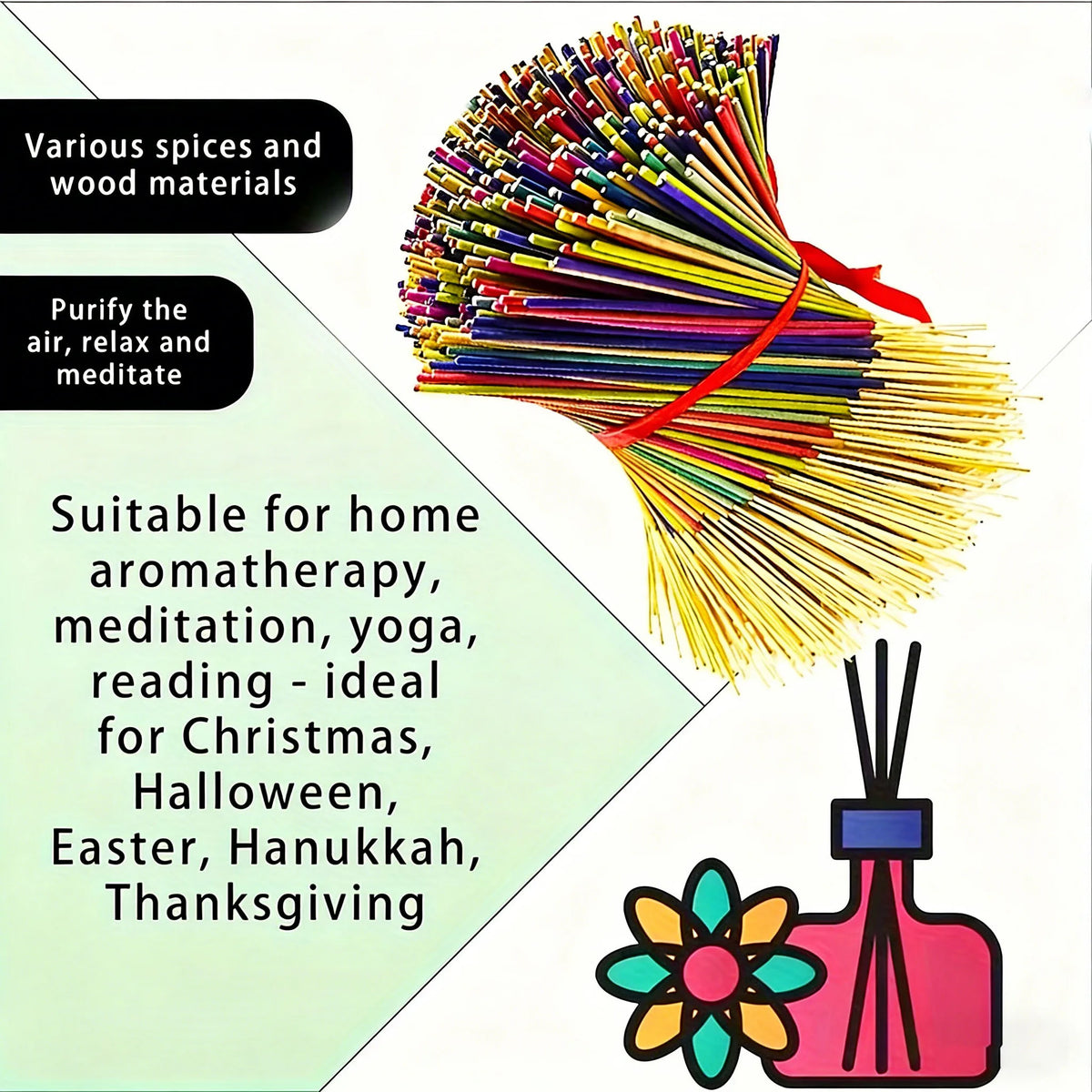 Wholesale Multi-Colored and Multi-Scented Incense Sticks - White Sage~Lavender~Rose~Lemongrass and Jasmine Various Scents |   Long-Lasting Home Air Purification Fragrance |   Christmas Gifts, Wholesale Options: 45/90/180/360 Pieces