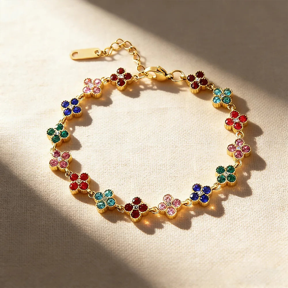 Stainless Steel Colorful Cubic Zirconia Flower Cover Bracelet Adjustable Four-Leaf Clover CZ Stone Flowers Jewelry for Women