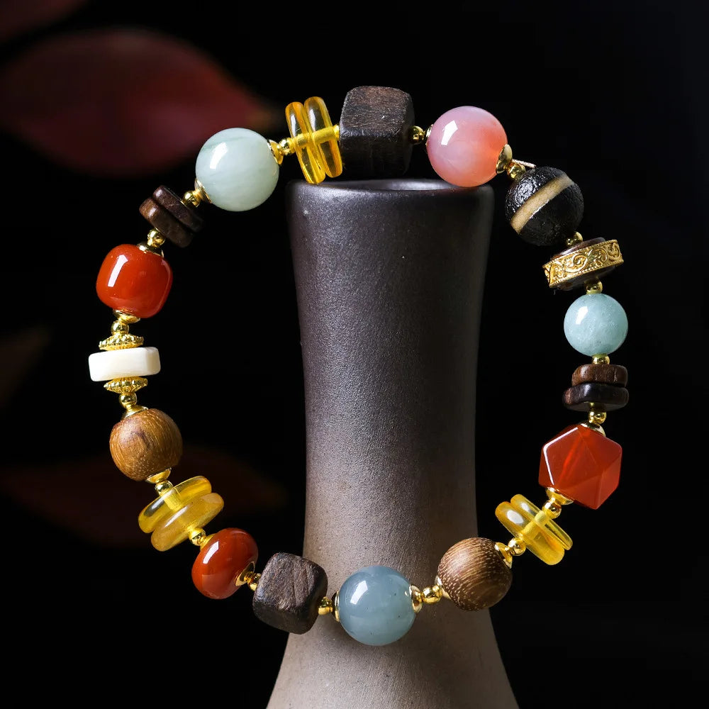 New Chinese-style amber multi-bead bracelet with barrel beads, agarwood, and southern red agate in traditional Chinese style
