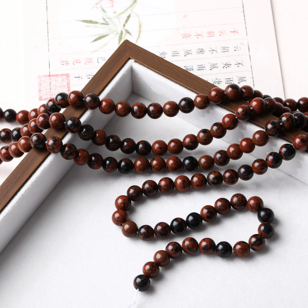 Natural Stone Mahogany Obsidian Beads Round Golden Swan Bead for Jewelry Making DIY Bracelet Necklace Accessories 4/6/8/10mm