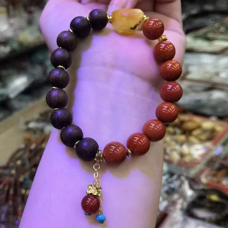 Huang Qinan agarwood bracelet paired with raw amber stones, new Chinese style, combined with Southern red agate, a dual-piece de