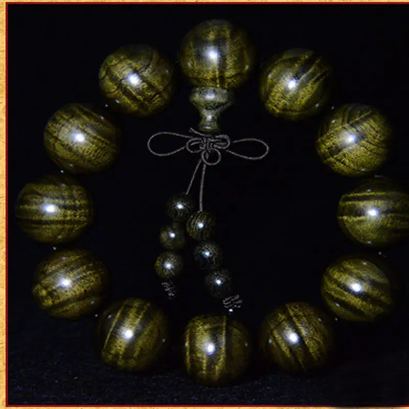 Gold-Rimmed Wooden Buddha Beads Bracelet 1.8mm