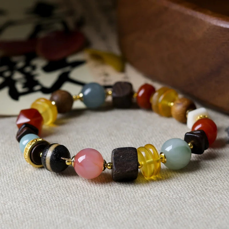 New Chinese-style amber multi-bead bracelet with barrel beads, agarwood, and southern red agate in traditional Chinese style