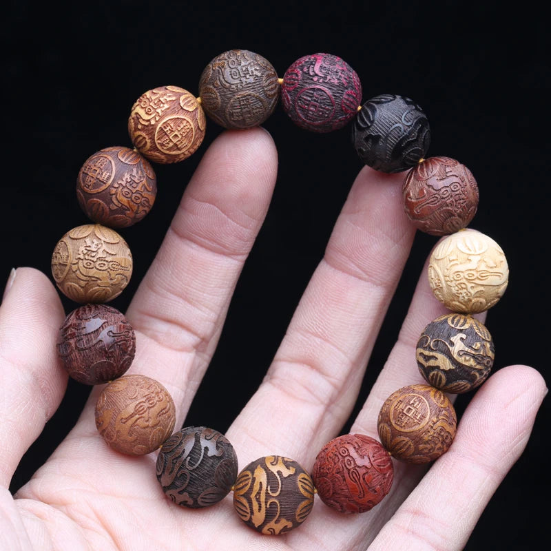 Natural Multicolor Wooden Bracelet Men's 20mm Elastic Bracelet Wooden Bead Lucky Sculpture Mythical Animal