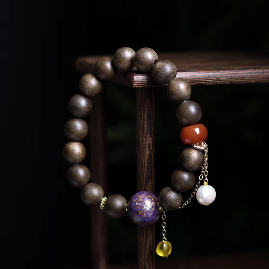 White Kyara Agarwood Mala Bracelet Lacquer Craft Nanhong Agate Amber Pearl New Chinese Style Wenwan Prayer Beads For Women