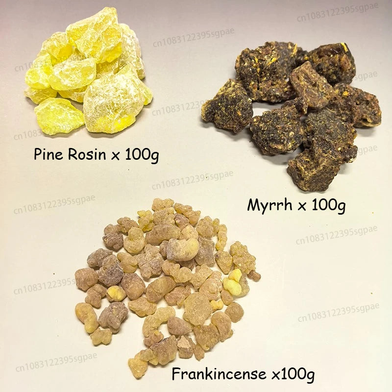 300g Premium Natural Resin Incense Pack: 100g Frankincense & 100g Myrrh for Stress Relief，and 100g Pine Rosin，100% Pure