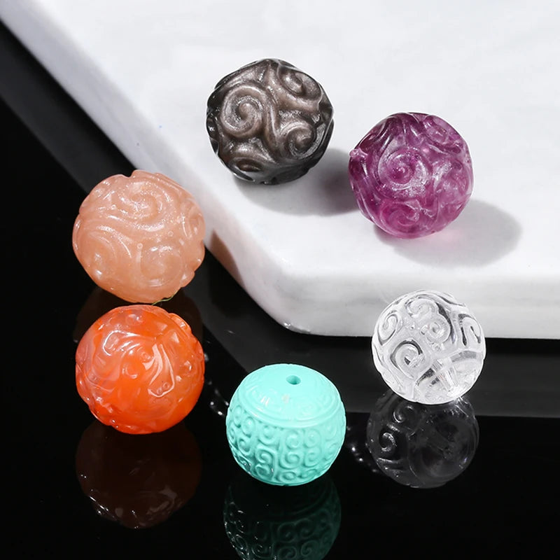 1 Pc Natural Stone Rock Quartz Rhodonite Fluorite Jade Carved Pattern Bead For Jewelry Making Diy Necklace Bracelet Accessory