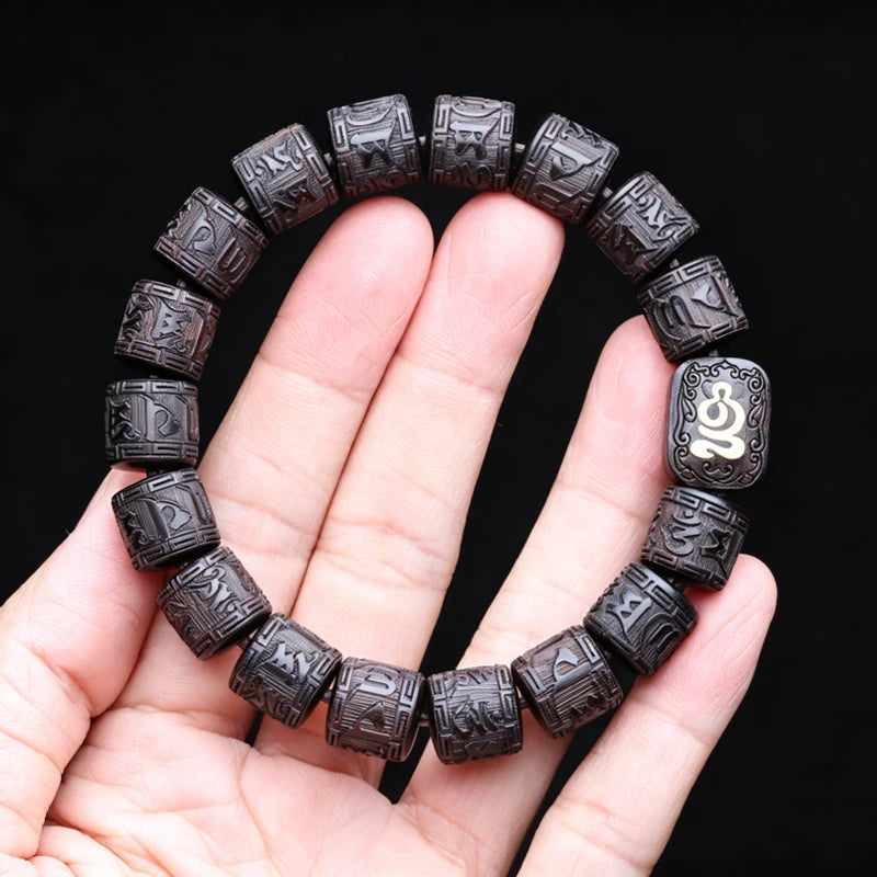 Natural Ebony Tibetan Six-Character Mantra Tibetan Buddhist Prayer Wheel Bracelet 12mmx12mm Universal