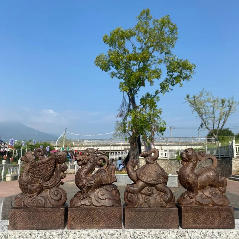 Hand-Carved Agarwood Four Holy Beasts Statue 5.5 Feng Shui Decor