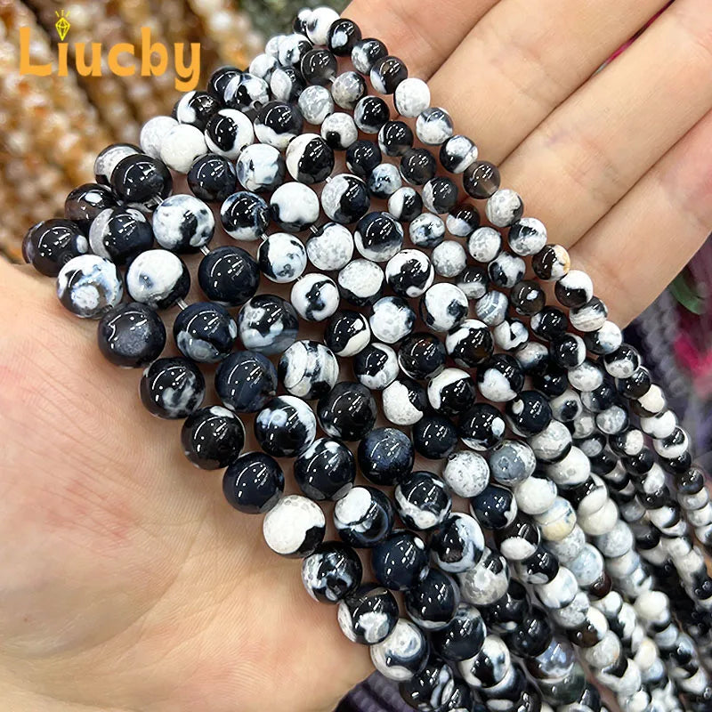 Natural Black White Fire Agate Beads 6-10mm DIY Jewelry