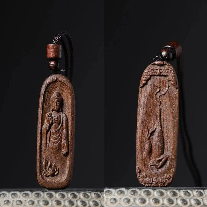 1PCS Agarwood Carved Flower Buddha Statues Pendant Handle Piece Double-sided Carved Lucky Nafu Ping An Brand Wen Play Wood