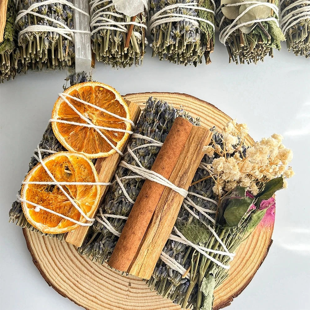 Bundled  Sage, Natural Palo Santo Plants, Aromatic Rose Santo, and Orange Slices for Handmade Grass Sticks