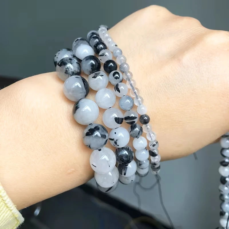 Natural Black Rutilated Quartz Crystals Round Loose Beads Handmade DIY Bracelet For Jewelry Making beads For Needlework