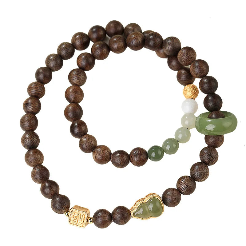 Double Loop Agarwood Bracelets with Natural Hetian Jade Gourd Ring Couple Style 2026 Gifts
