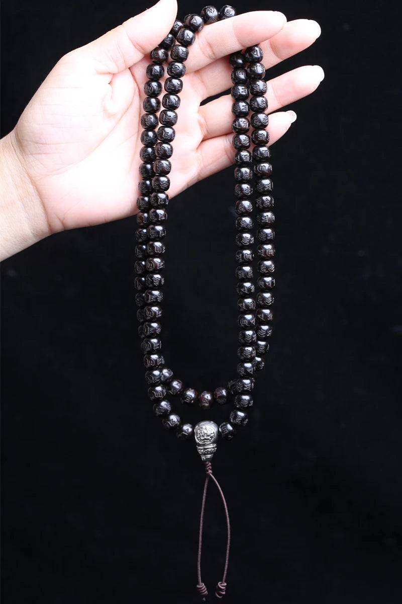 Natural Ebony Tibetan Buddhist Prayer Wheel Mantra Beads 8mmx9mm 108 Beads MALA Necklace