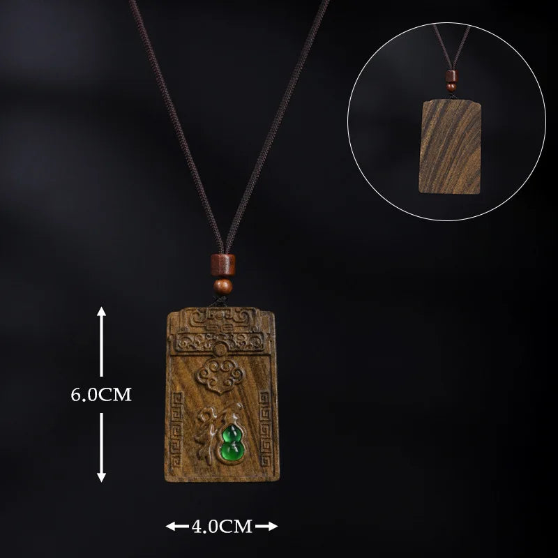 Agarwood Peace Tag Pendant Neckwear Fortune Carved Unisex Inlaid Craft Small Necklace Jewelry