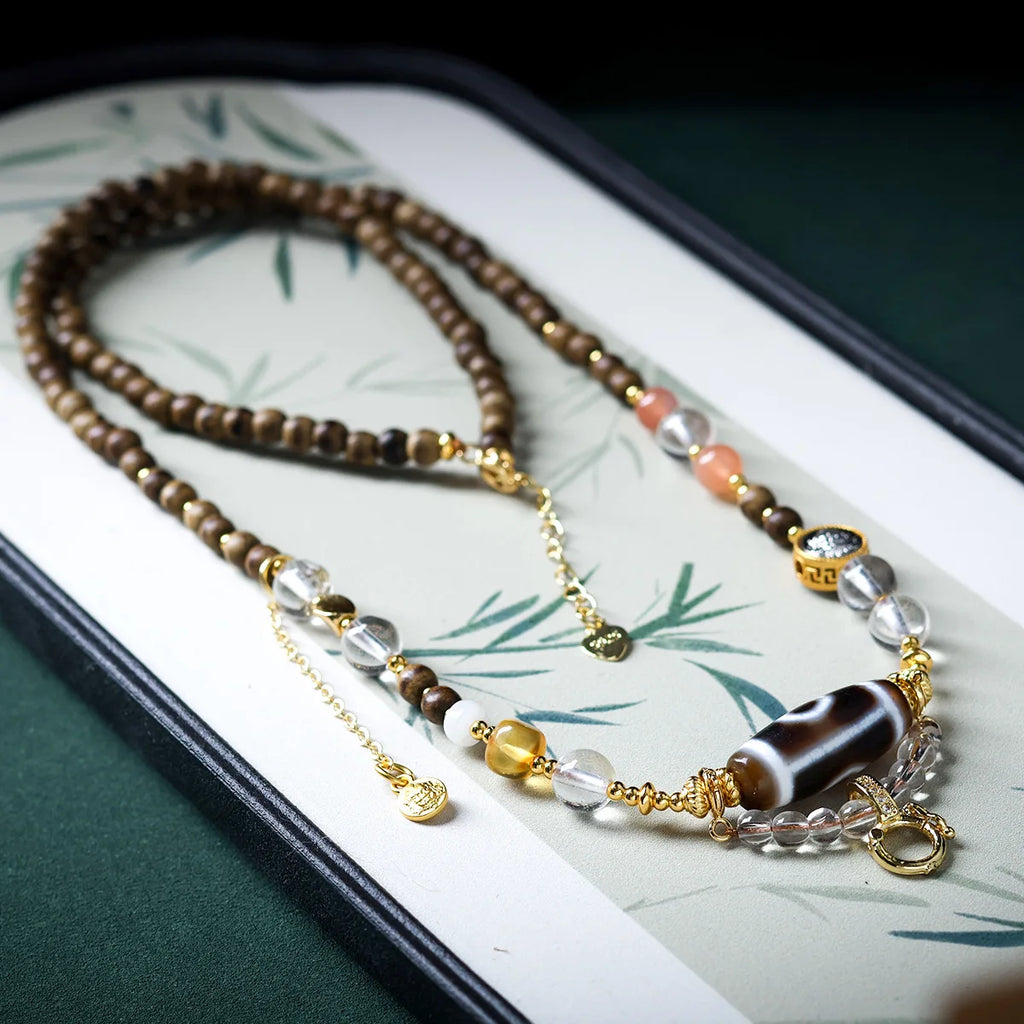 First Grade Butter Agarwood Pendant Rope with Natural White Crystal South Red Agate Dzi Bead Universal Hanging Cord Gifts