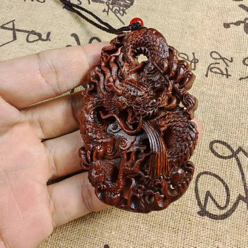 Hand-Carved Agarwood Dragon Pendant 2.75 Wood Art