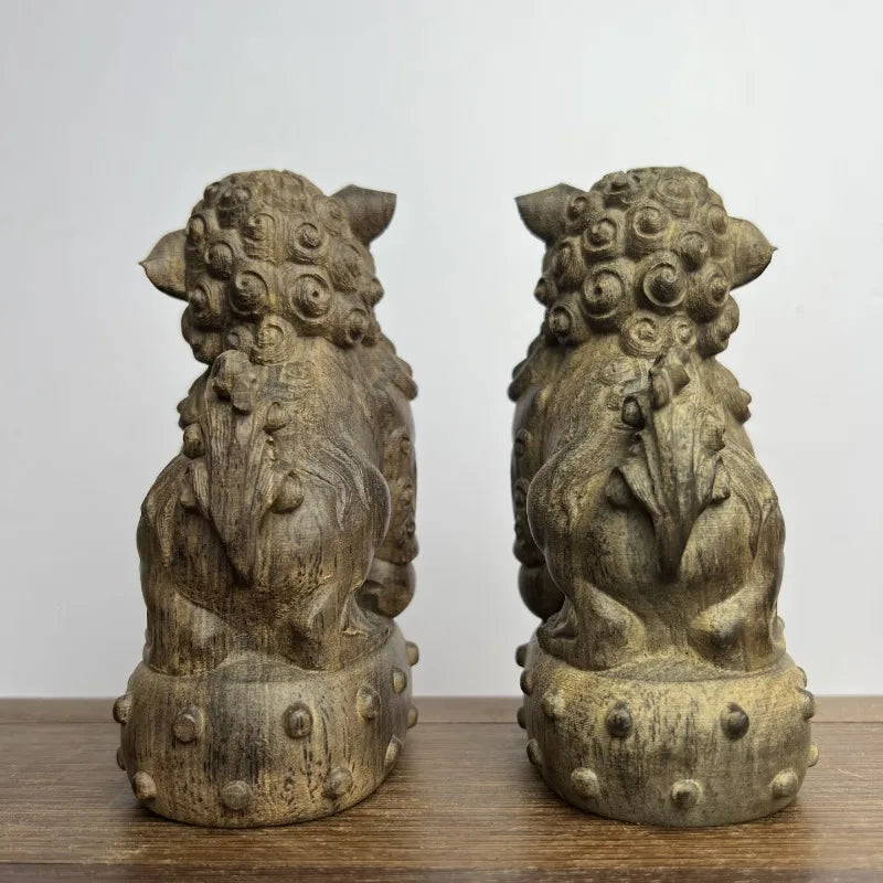 Hand-Carved Agarwood Foo Dog Lion Pair 5.3H Feng Shui Statue