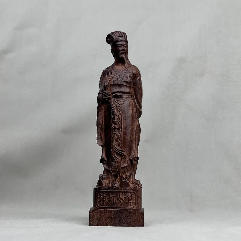 Hand-Carved Agarwood Zhuge Liang Statue - 18.1" Solid Wood Kongming Figurine for Home Office Decor, Feng Shui Ornament