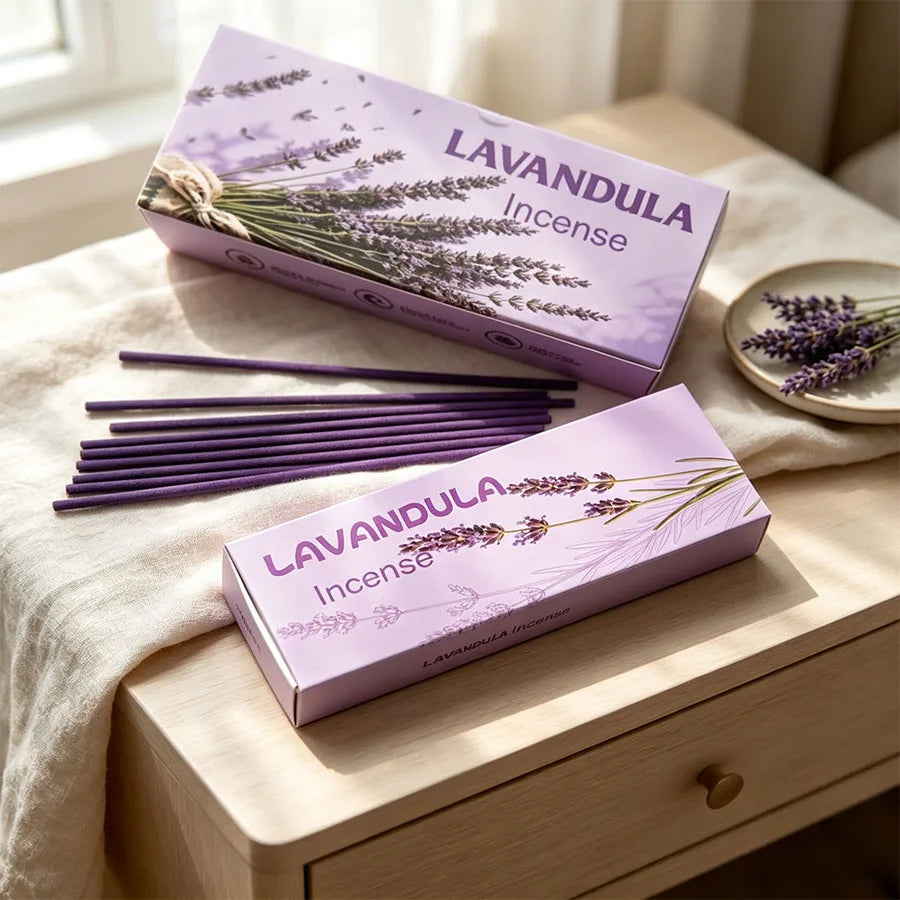 1 Box Contains 30-35 Handcrafted Purple Lavender Incense Sticks, with a High-Quality Lavender Floral Scent, Suitable for Home, Indoor Use, Hotels, Outdoor Camping, Parties, Reading, Yoga, and as a Gift Box for Friends. Festive Atmosphere.