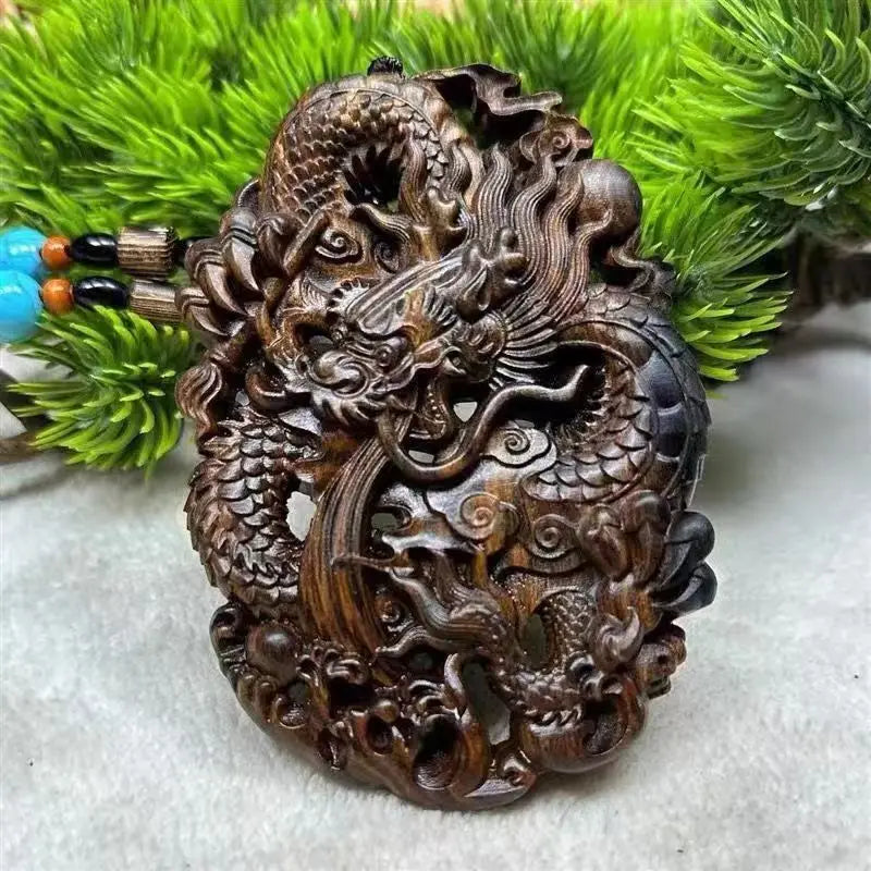 Hand-Carved Agarwood Dragon Pendant Necklace 10.5cm