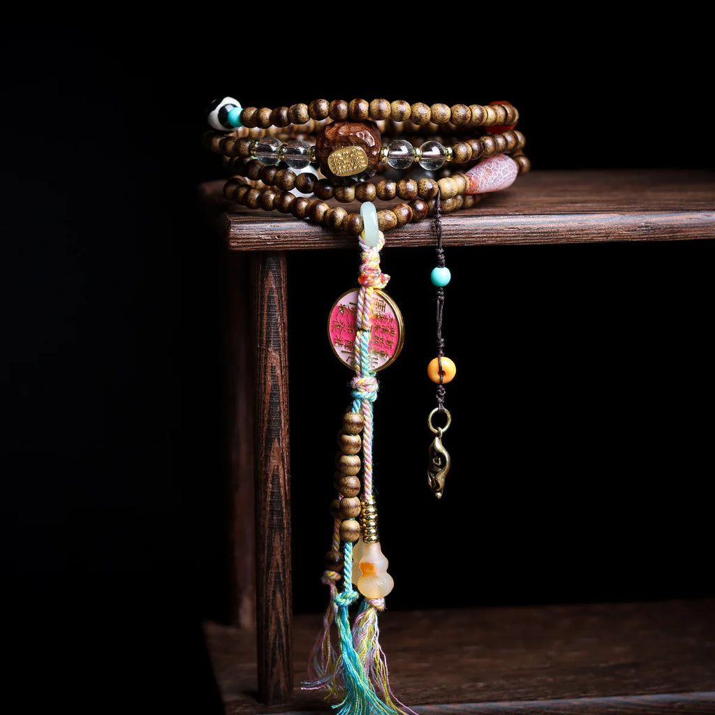 Multi Strand Butter Agarwood Bracelet with Pink Turtle Tag Five Scripture Charms for Women Gifts