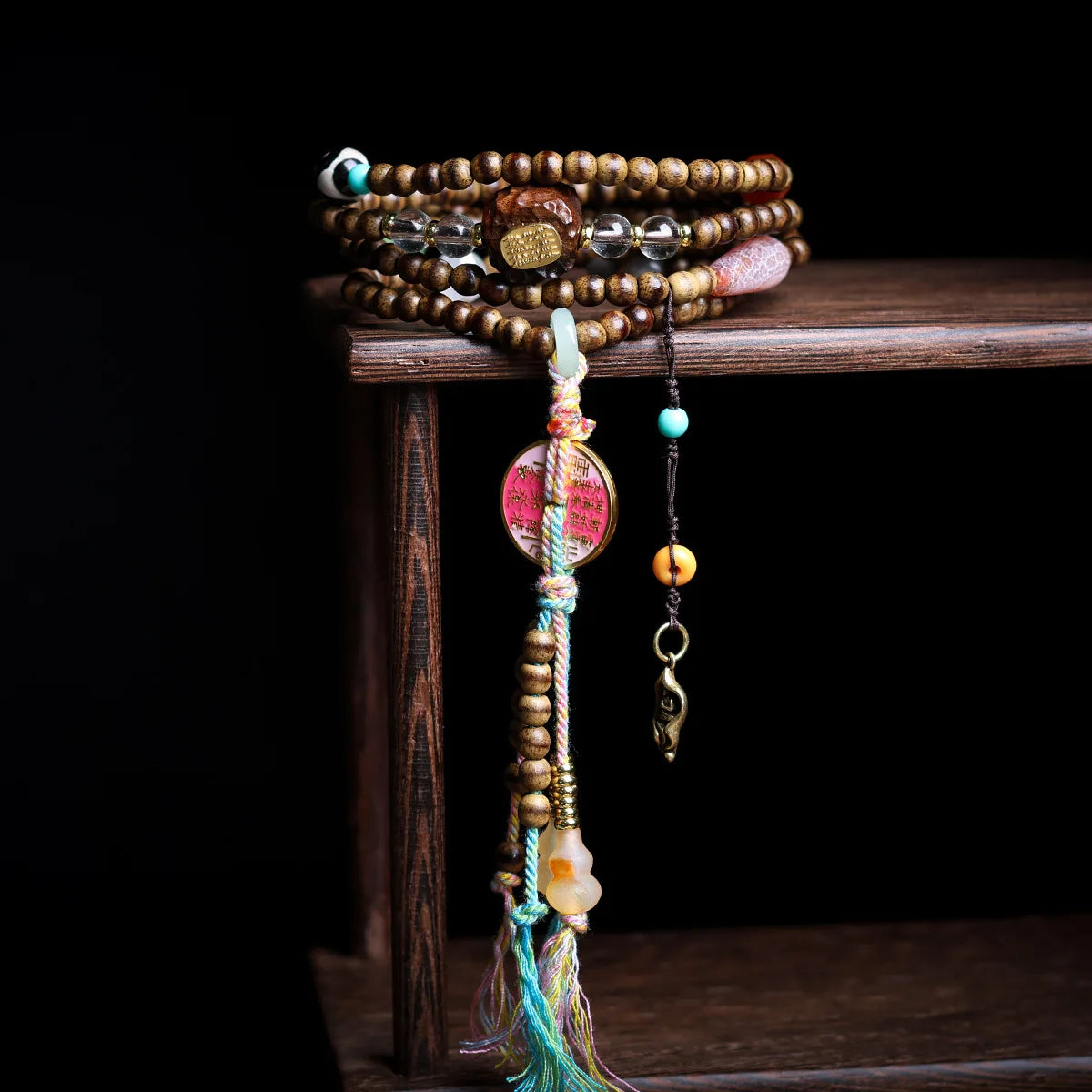 Multi Strand Butter Agarwood Bracelet with Pink Turtle Tag Five Scripture Charms for Women Gifts