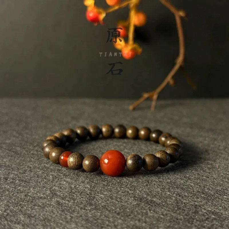 Natural Agarwood Bracelet with Nanhong Agate Beads Unisex Vintage Style Couple Jewelry Gifts