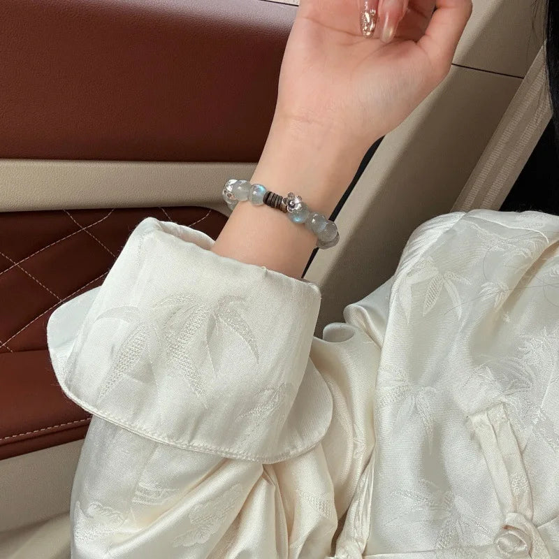 2026 Galaxy Flower Natural Grey Moonstone Crystal Beaded Bracelet Agarwood Chinese Style Zen Design Elegant Fashion Jewelry for
